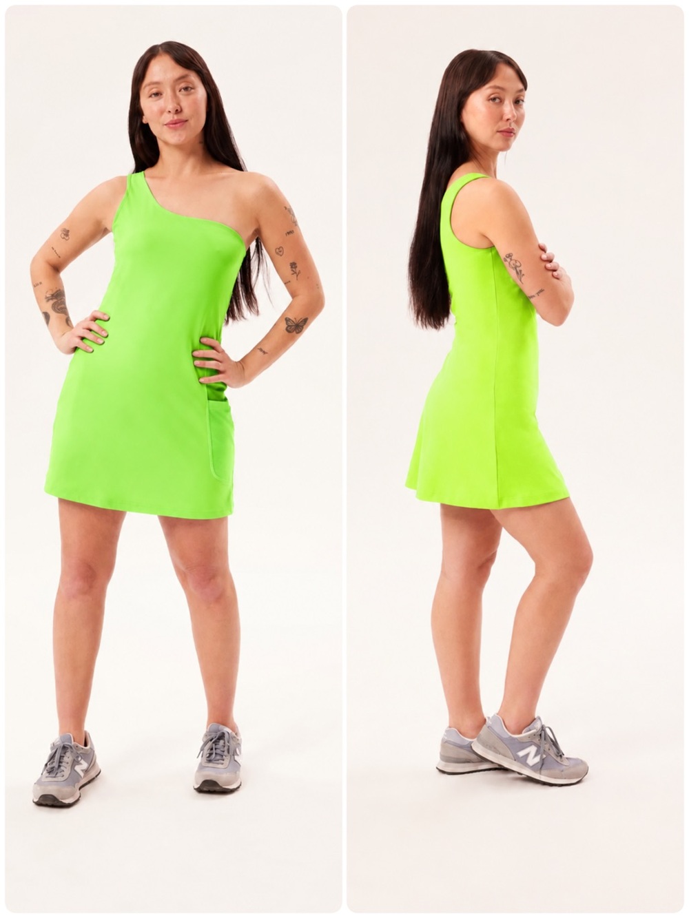 Girlfriend Collective Bianca One-Shoulder Dress Built-in Shorts Size Medium Lime
